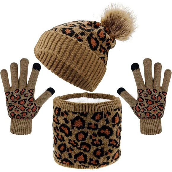 Accessories - Leopard Print Winter Hat Gloves Scarf Set Womens Teen Warm Plush Acrylic